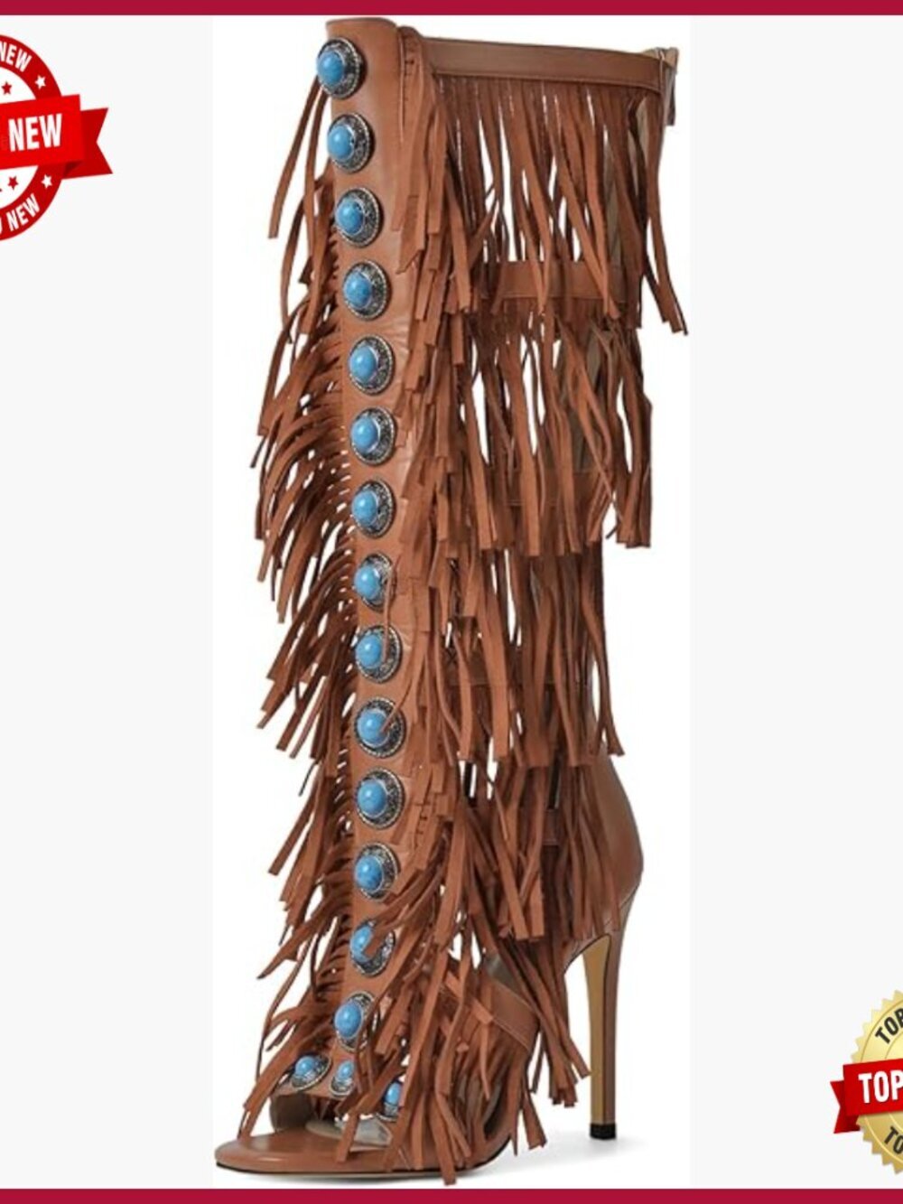 Fringe Studded Knee High Sandals Stilettos Open Toe Zipper Tassel Party